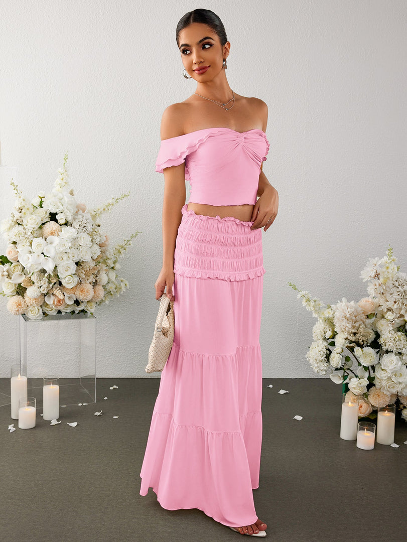 Off Shoulder Ruched Twist Front Top&Ruffle Low Waist Skirt | Vacation Two-Piece Set