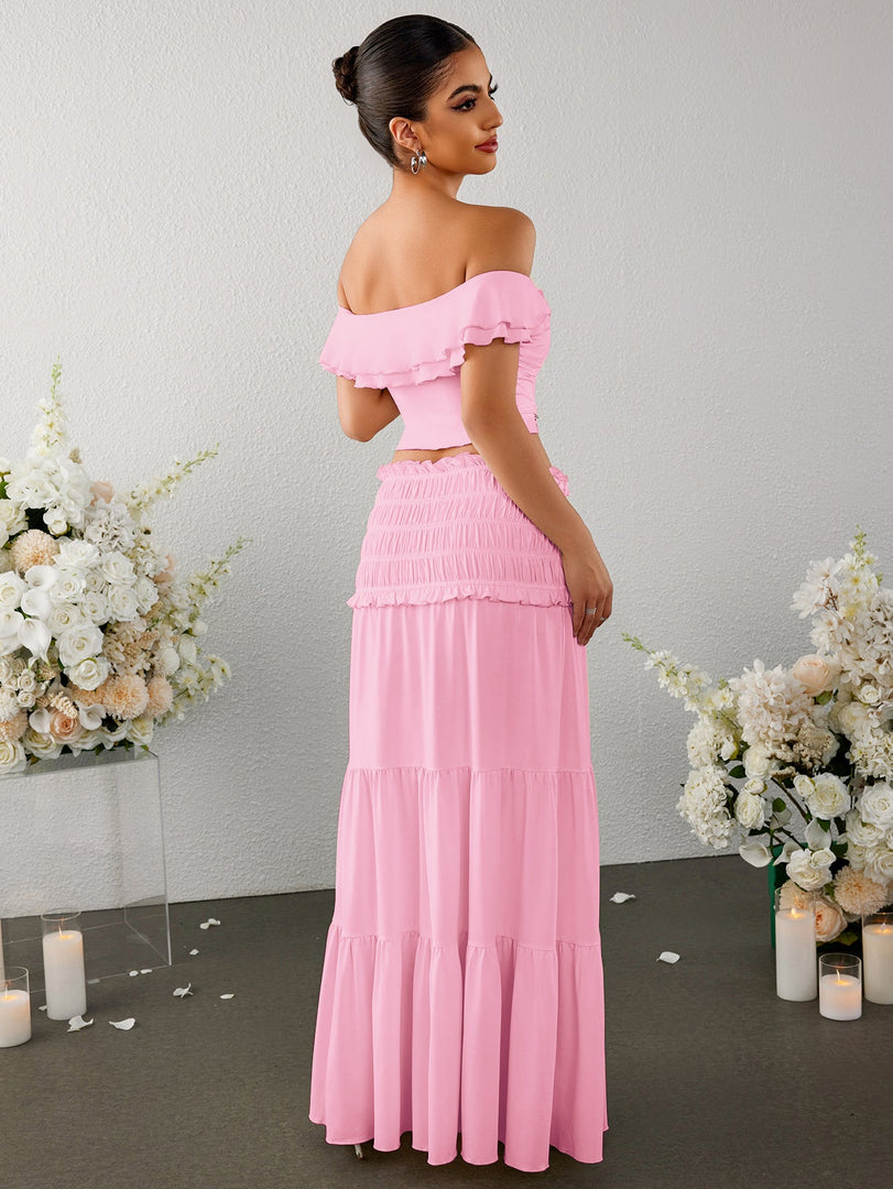 Off Shoulder Ruched Twist Front Top&Ruffle Low Waist Skirt | Vacation Two-Piece Set