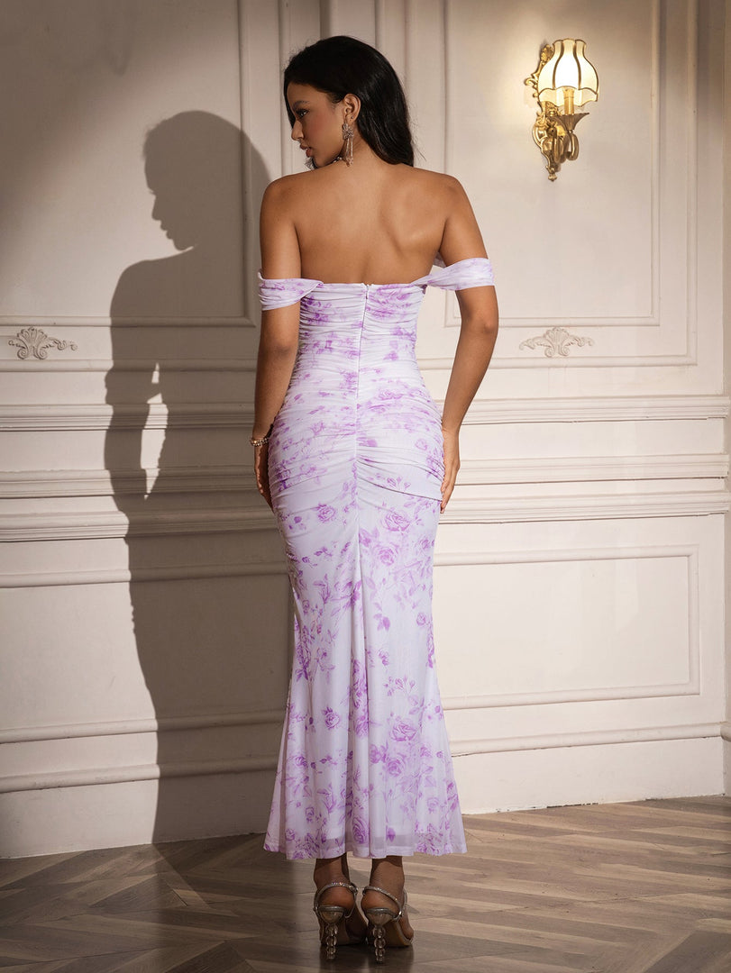 Ruched Off Shoulder Zipper Back Floral Bodycon Dress | Wedding Guest Dress, Vacation Dress