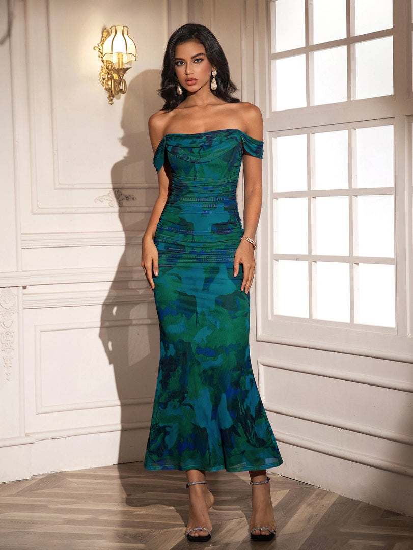 Ruched Off Shoulder Zipper Back Floral Bodycon Dress | Wedding Guest Dress, Vacation Dress