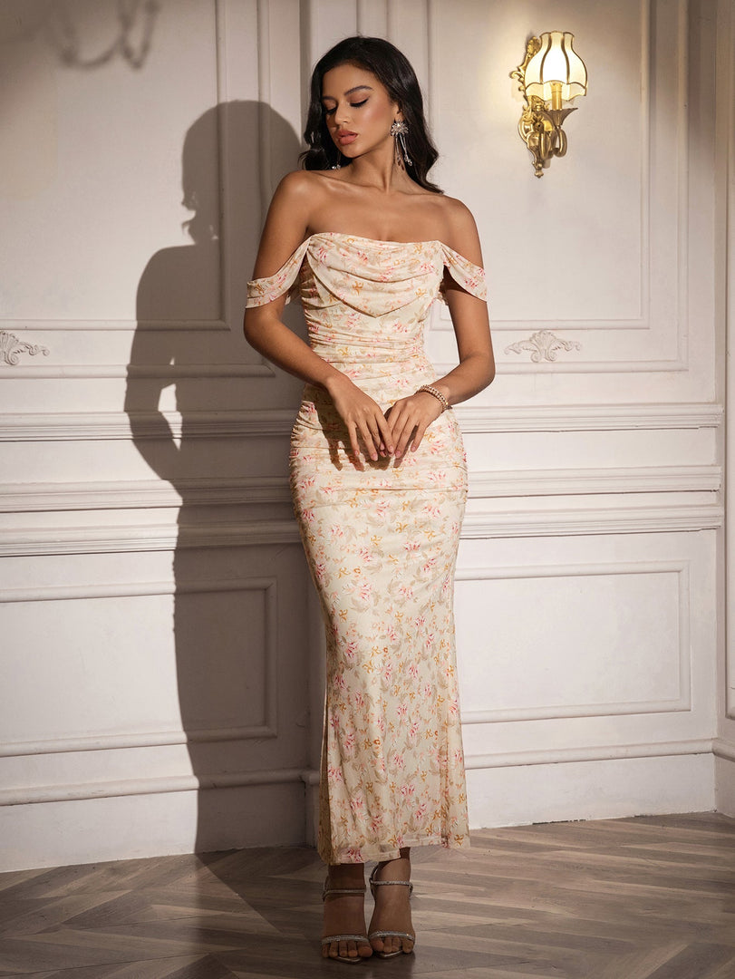 Ruched Off Shoulder Zipper Back Floral Bodycon Dress | Wedding Guest Dress, Vacation Dress