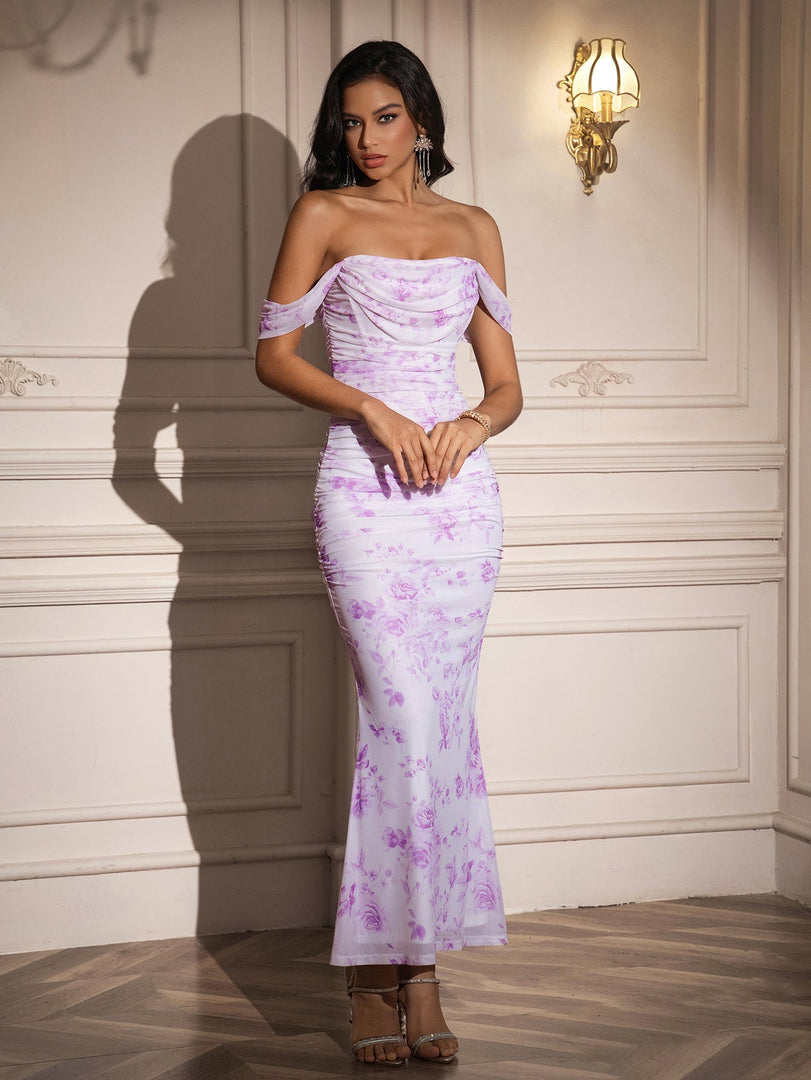 Ruched Off Shoulder Zipper Back Floral Bodycon Dress | Wedding Guest Dress, Vacation Dress