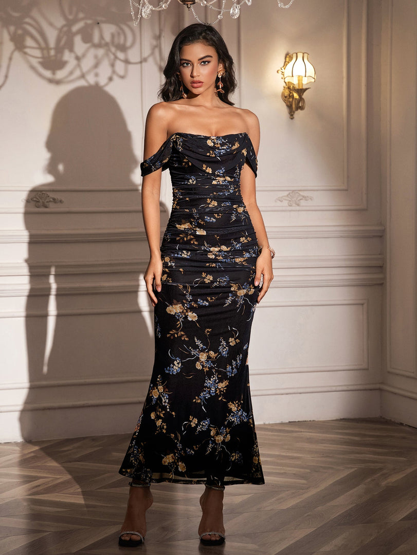 Ruched Off Shoulder Zipper Back Floral Bodycon Dress | Wedding Guest Dress, Vacation Dress