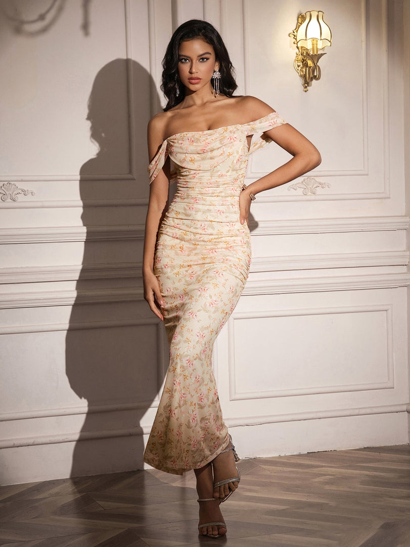 Ruched Off Shoulder Zipper Back Floral Bodycon Dress | Wedding Guest Dress, Vacation Dress