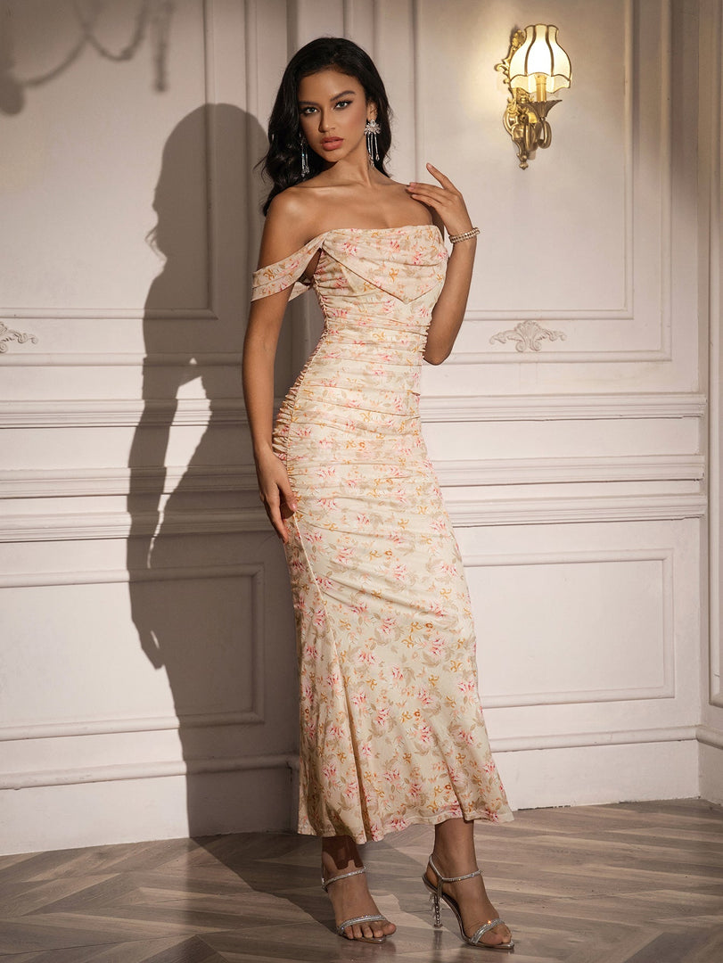Ruched Off Shoulder Zipper Back Floral Bodycon Dress | Wedding Guest Dress, Vacation Dress