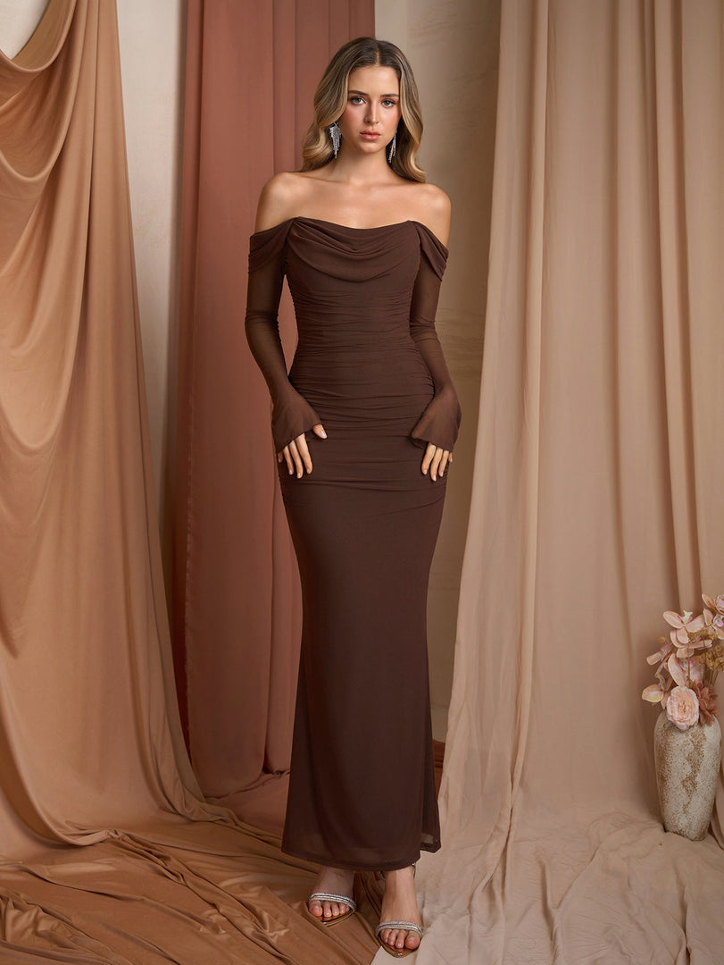 Off Shoulder Ruched Zipper Back Long Sleeve Mesh Dress | Vacation Dress