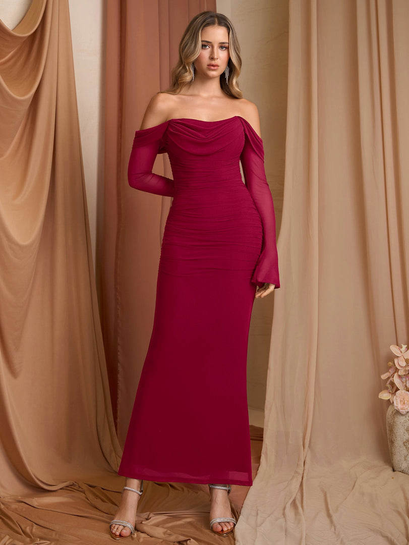 Off Shoulder Ruched Zipper Back Long Sleeve Mesh Dress | Vacation Dress
