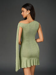 Off Shoulder Sleeveless Asymmetrical Hem Solid Dress | Bridesmaid Dress