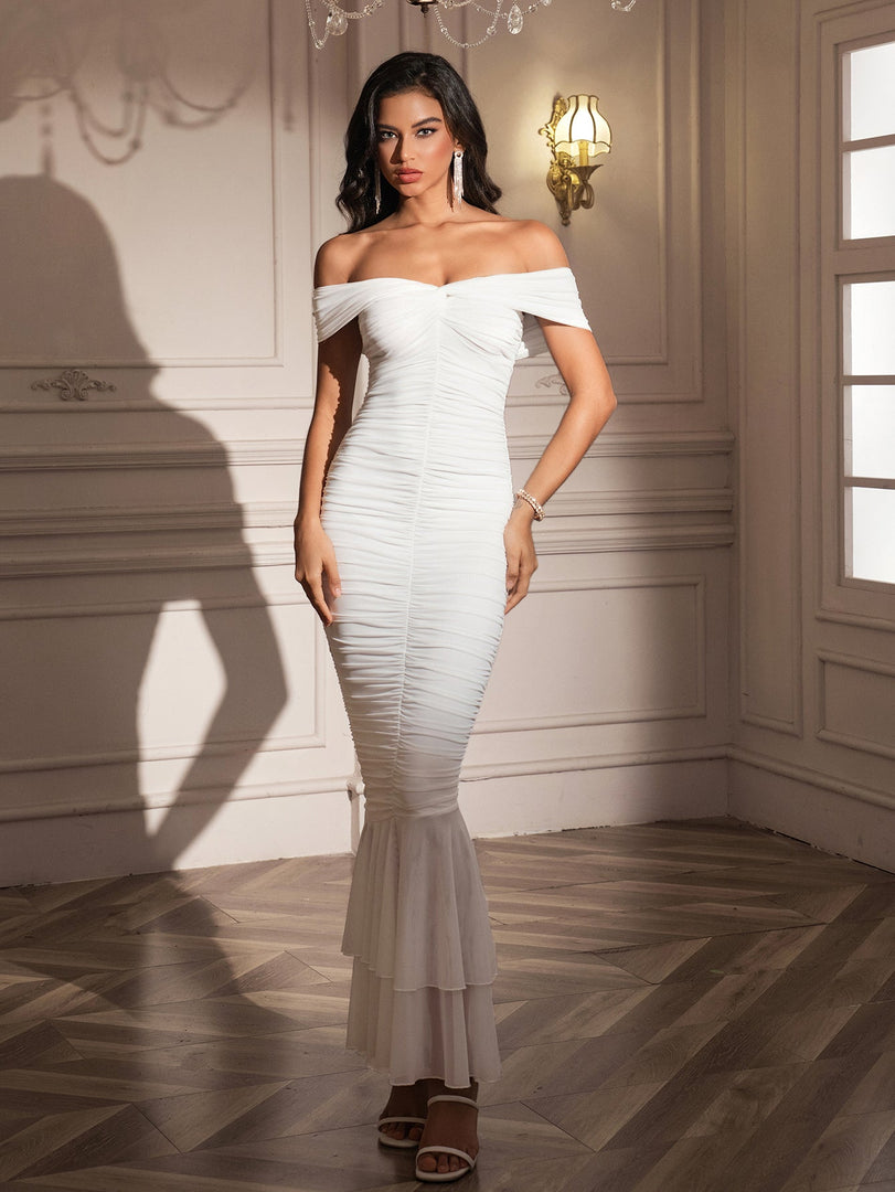 Off Shoulder Zipper Back Ruched Maxi Dress | Prom Dress, Formal Dress