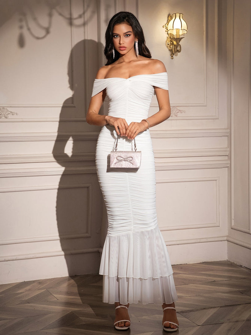 Off Shoulder Zipper Back Ruched Maxi Dress | Prom Dress, Formal Dress