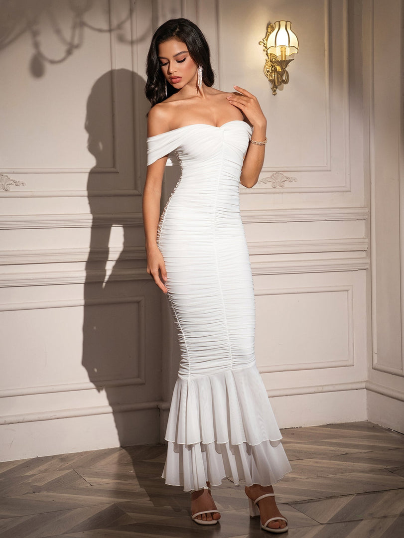 Off Shoulder Zipper Back Ruched Maxi Dress | Prom Dress, Formal Dress