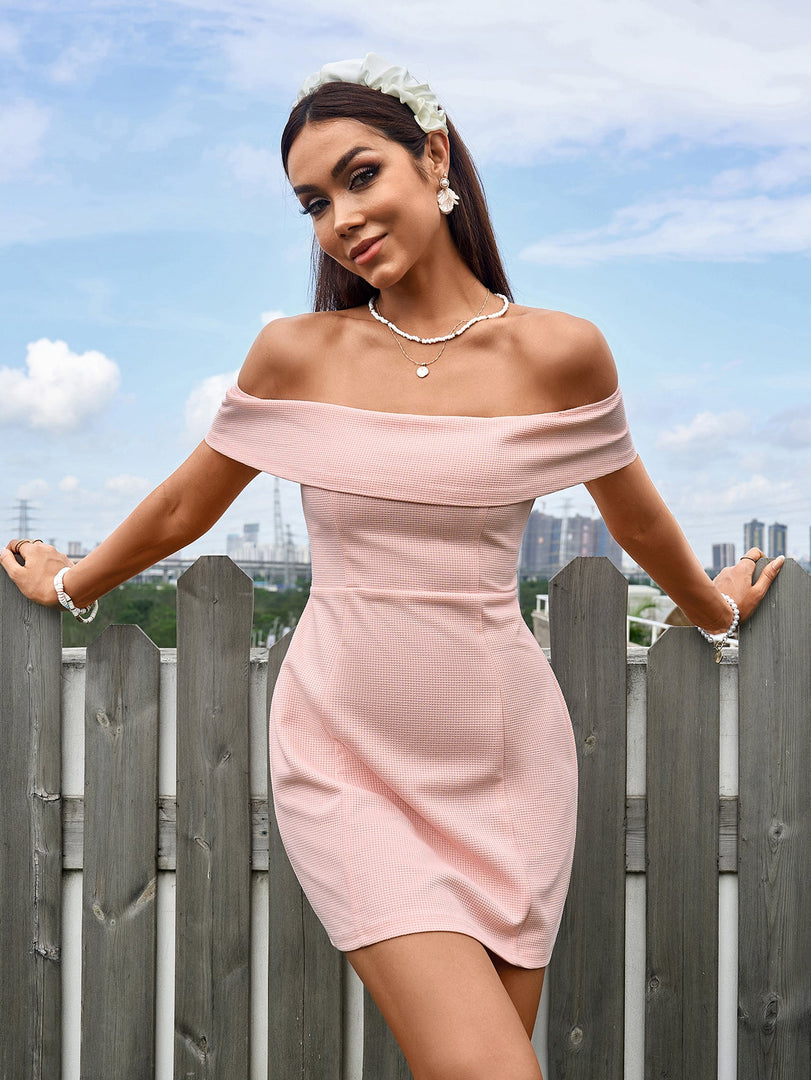 Off Shoulder Zipper Back Waffle Mini Dress | Homecoming Dress