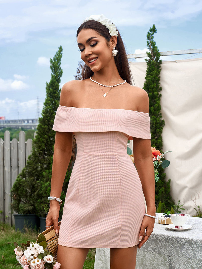 Off Shoulder Zipper Back Waffle Mini Dress | Homecoming Dress