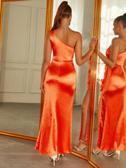 One Shoulder Cut Out Satin Slit Dress | Prom Dress