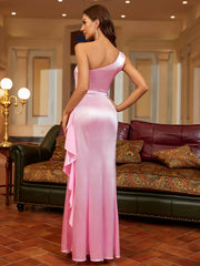One Shoulder Cut Out Split Satin Dress | Prom Dress