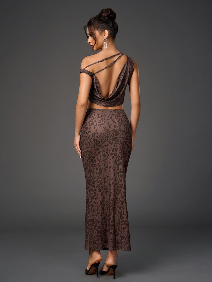 One Shoulder Draped Tie Backless Top&Mesh Print Bodycon Skirt | Cocktail Party & Vacation Two-Piece Set