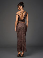 One Shoulder Draped Tie Backless Top&Mesh Print Bodycon Skirt | Cocktail Party & Vacation Two-Piece Set
