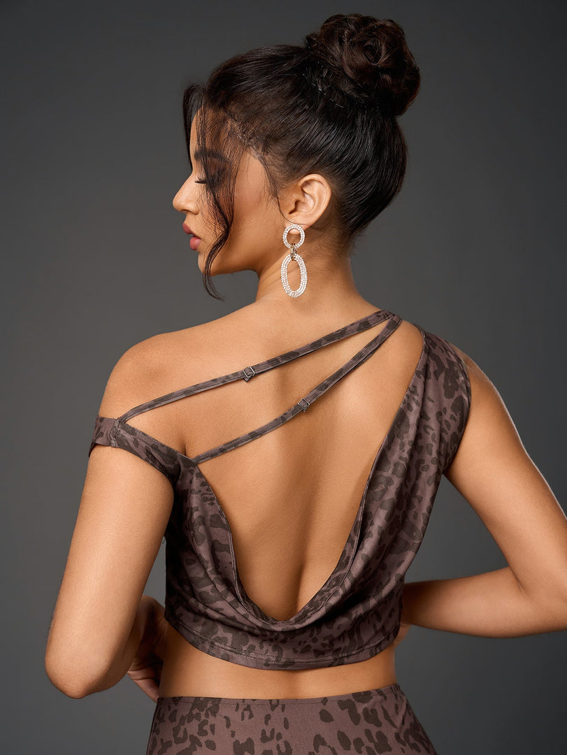 One Shoulder Draped Tie Backless Top&Mesh Print Bodycon Skirt | Cocktail Party & Vacation Two-Piece Set