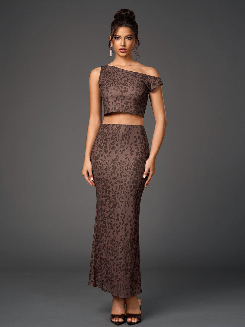 One Shoulder Draped Tie Backless Top&Mesh Print Bodycon Skirt | Cocktail Party & Vacation Two-Piece Set