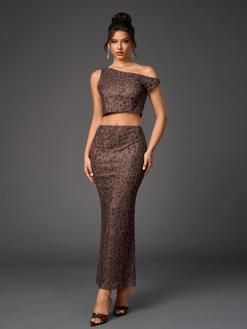 One Shoulder Draped Tie Backless Top&Mesh Print Bodycon Skirt | Cocktail Party & Vacation Two-Piece Set