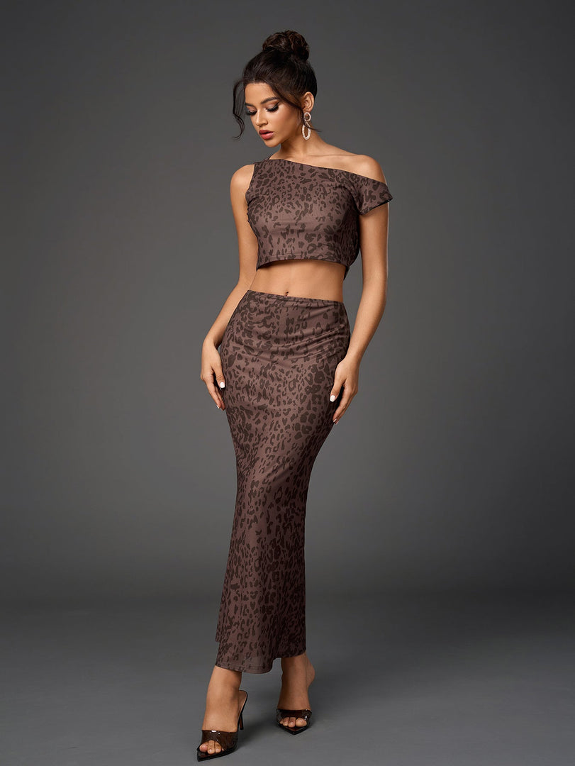 One Shoulder Draped Tie Backless Top&Mesh Print Bodycon Skirt | Cocktail Party & Vacation Two-Piece Set