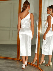 One Shoulder Lace Patchwork Satin Slit Dress | Wedding Guest Dress