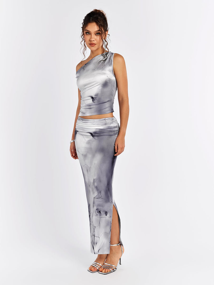 One Shoulder Ruched Floral Top&Ruched Bodycon Skirt | Cocktail Party & Vacation Two-Piece Set
