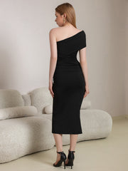 One Shoulder Ruched Solid Midi Dress | Wedding Guest Dress