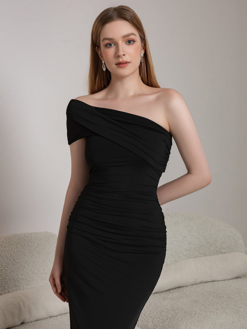 One Shoulder Ruched Solid Midi Dress | Wedding Guest Dress