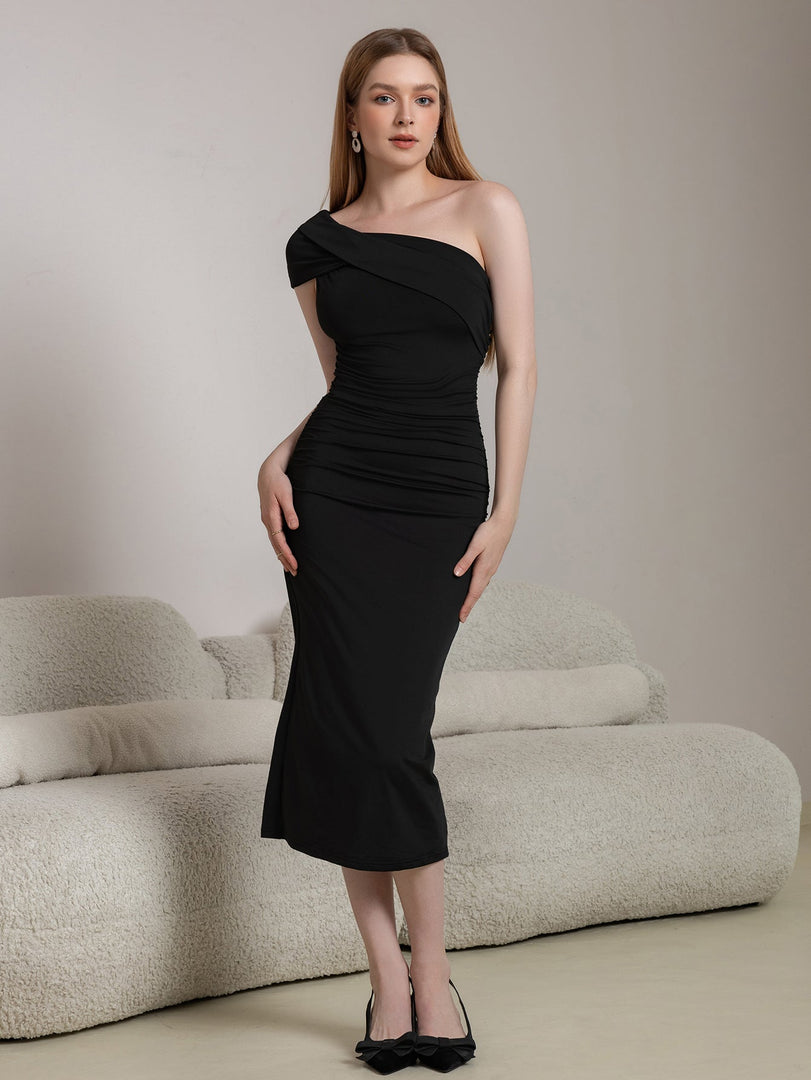 One Shoulder Ruched Solid Midi Dress | Wedding Guest Dress
