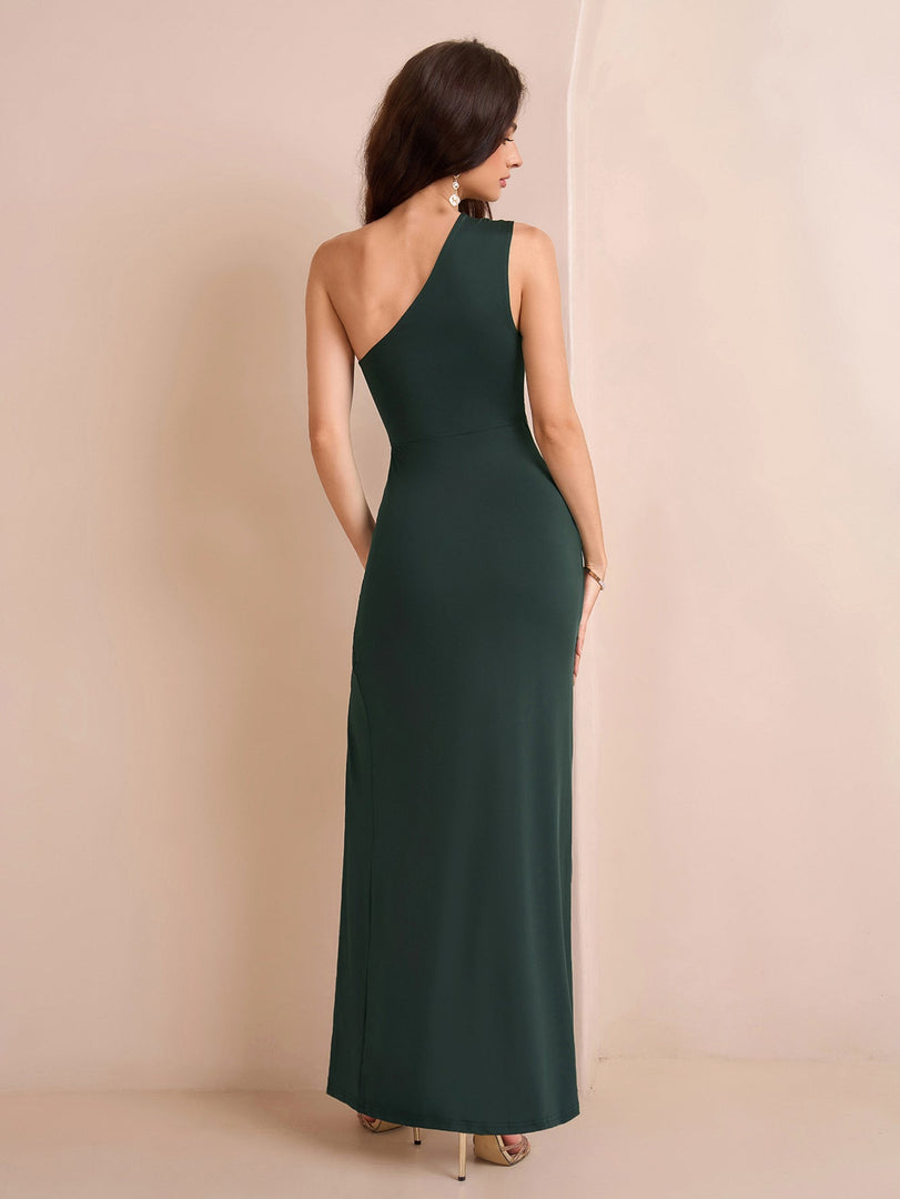 One Shoulder Ruched Waist Split Thigh Solid Dress | Bridesmaid Dress, Formal Dress
