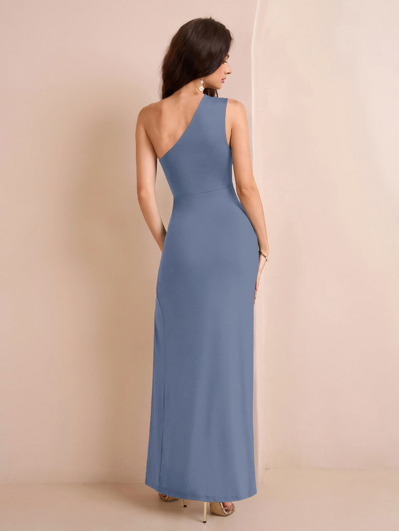 One Shoulder Ruched Waist Split Thigh Solid Dress | Bridesmaid Dress, Formal Dress