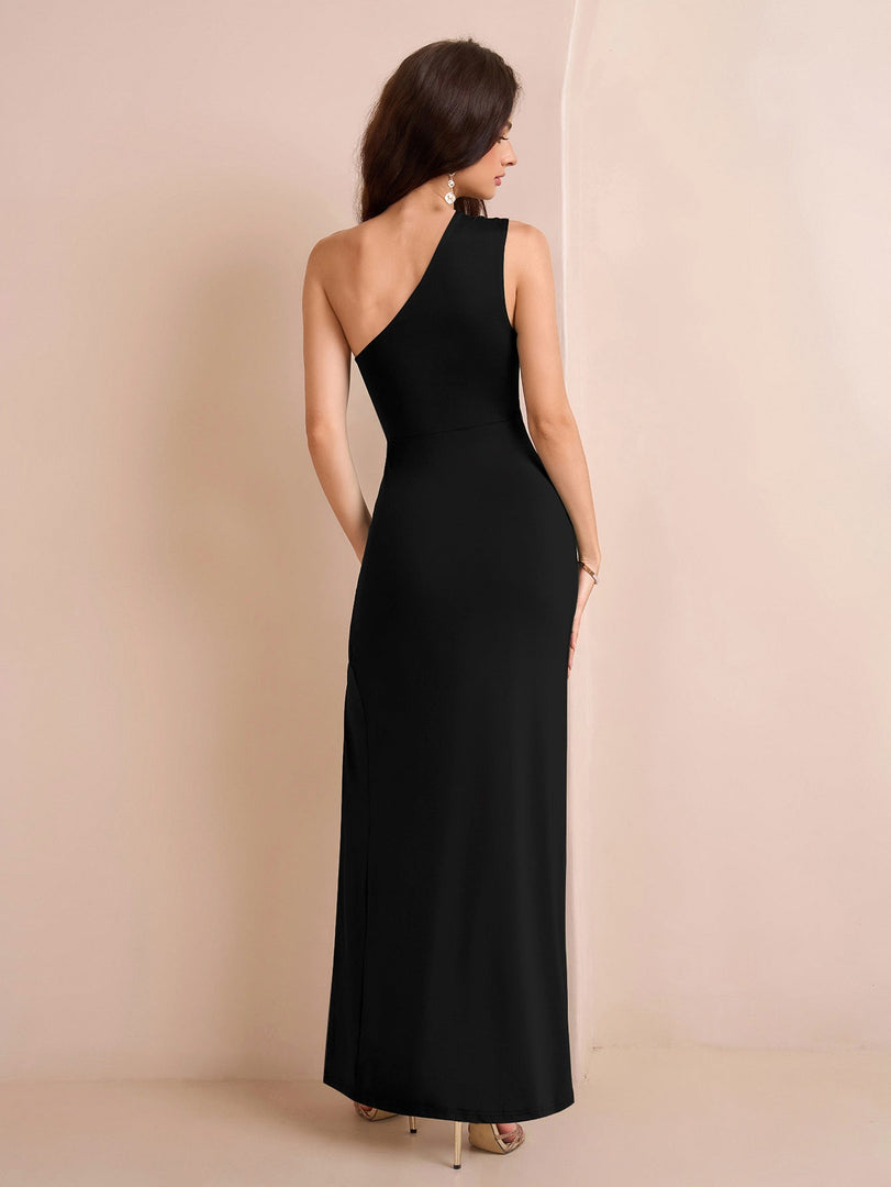 One Shoulder Ruched Waist Split Thigh Solid Dress | Bridesmaid Dress, Formal Dress
