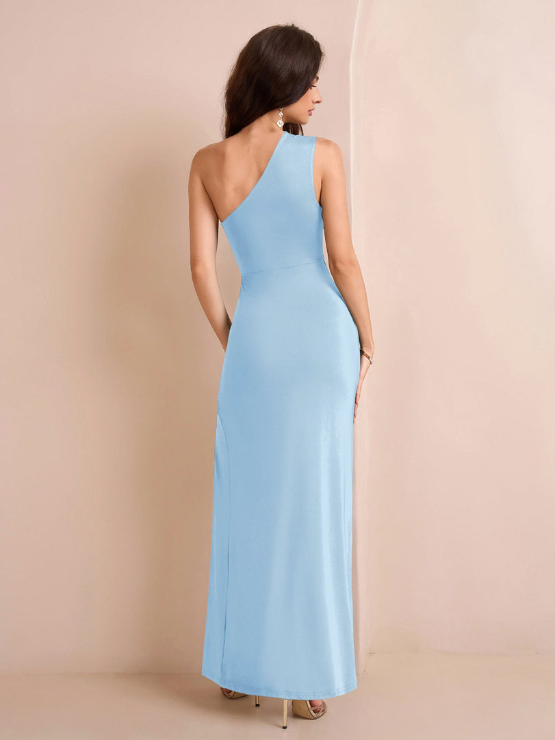 One Shoulder Ruched Waist Split Thigh Solid Dress | Bridesmaid Dress, Formal Dress
