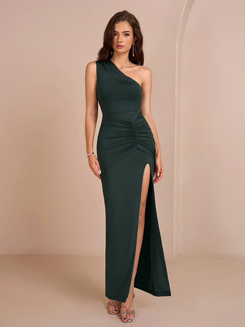 One Shoulder Ruched Waist Split Thigh Solid Dress | Bridesmaid Dress, Formal Dress