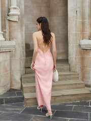One Shoulder Tie Back Backless Jacquard Long Dress | Bridesmaid Dress