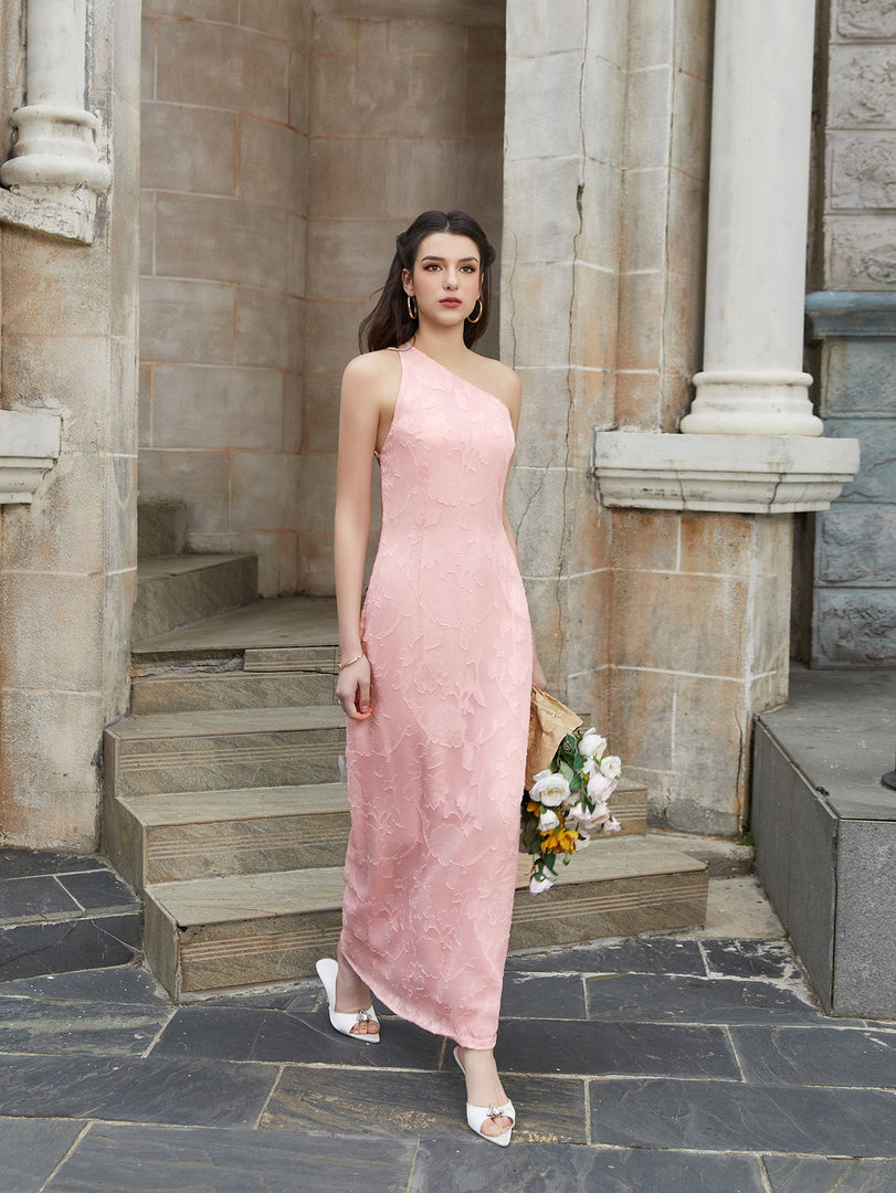 One Shoulder Tie Back Backless Jacquard Long Dress | Prom Dress, Formal Dress