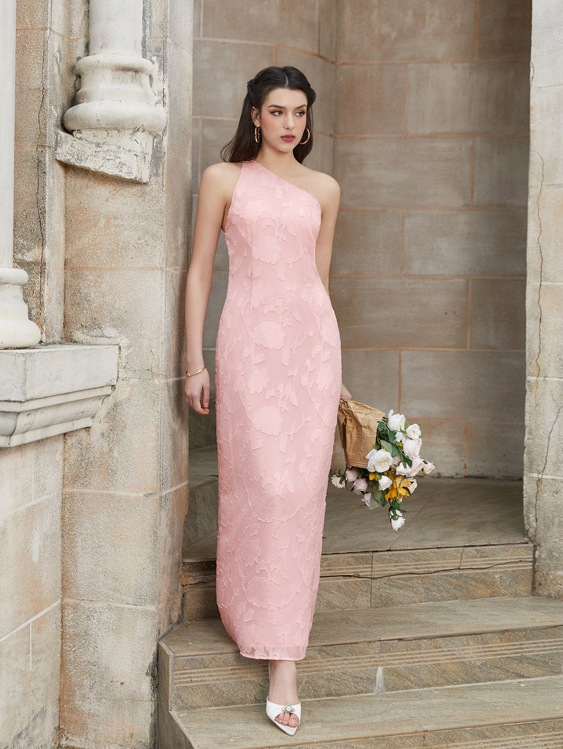 One Shoulder Tie Back Backless Jacquard Long Dress | Prom Dress, Formal Dress