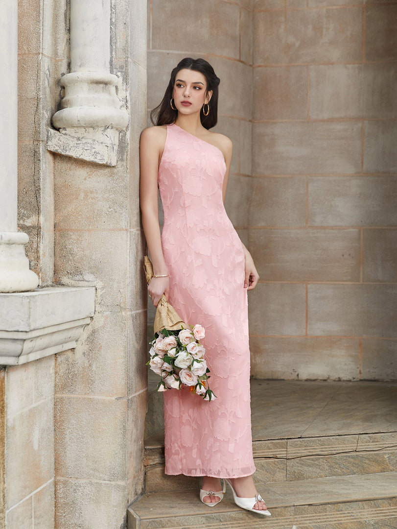 One Shoulder Tie Back Backless Jacquard Long Dress | Prom Dress, Formal Dress