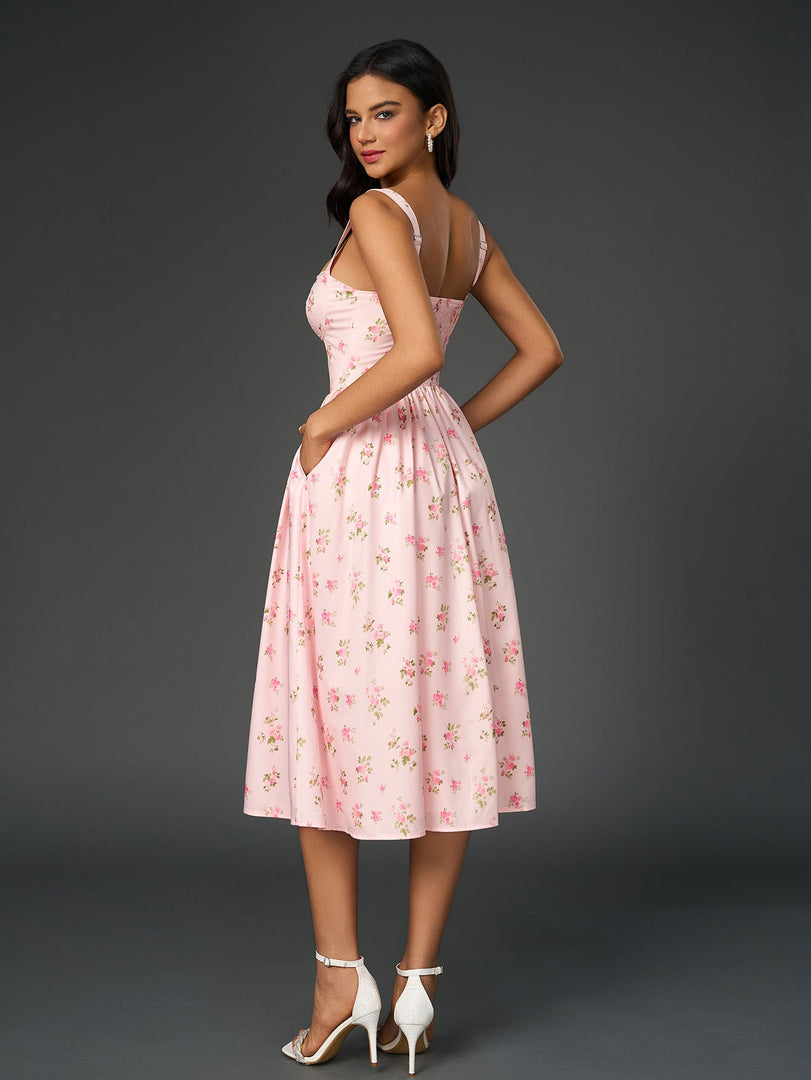 Openwork Split Thigh Pocket Floral Print Dress | Wedding Guest Dress, Vacation Dress