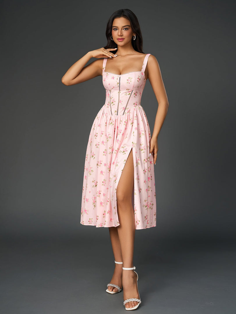 Openwork Split Thigh Pocket Floral Print Dress | Wedding Guest Dress, Vacation Dress