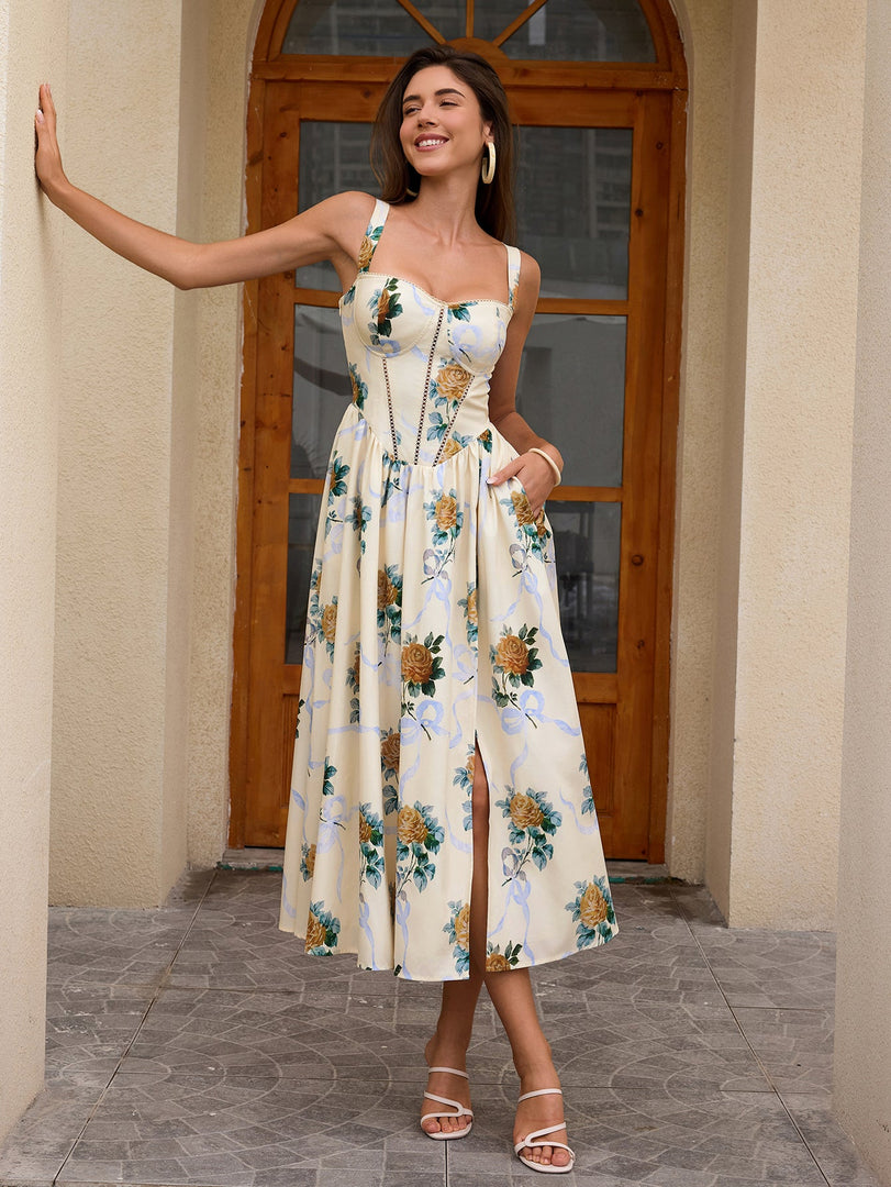 Openwork Split Thigh Pocket Floral Print Dress | Wedding Guest Dress, Vacation Dress