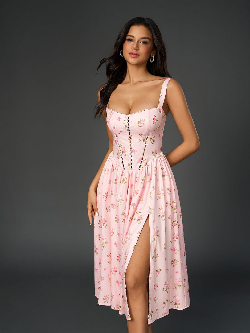 Openwork Split Thigh Pocket Floral Print Dress | Wedding Guest Dress, Vacation Dress
