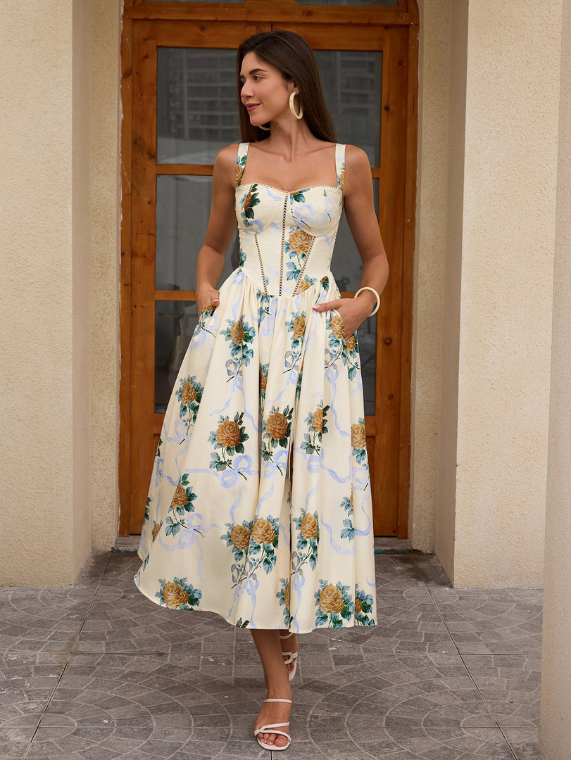Openwork Split Thigh Pocket Floral Print Dress | Wedding Guest Dress, Vacation Dress