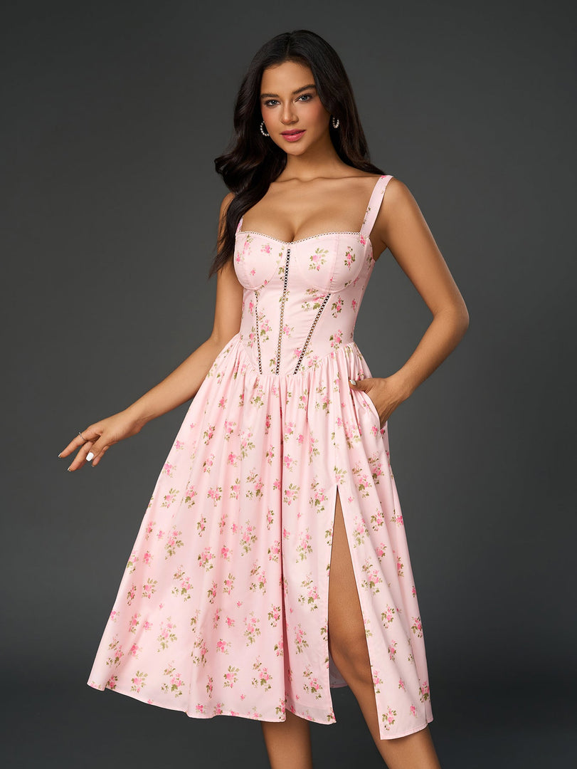 Openwork Split Thigh Pocket Floral Print Dress | Wedding Guest Dress, Vacation Dress