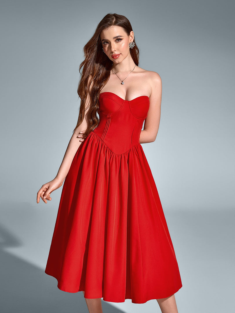 Pleat Corset Flared Hem Midi Dress | Wedding Guest Dress, Cocktail Dress
