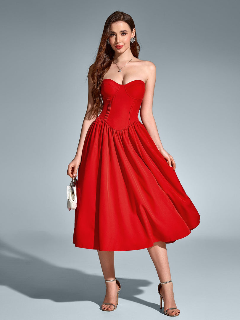 Pleat Corset Flared Hem Midi Dress | Wedding Guest Dress, Cocktail Dress
