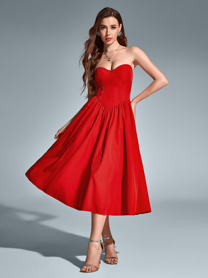 Pleat Corset Flared Hem Midi Dress | Wedding Guest Dress, Cocktail Dress