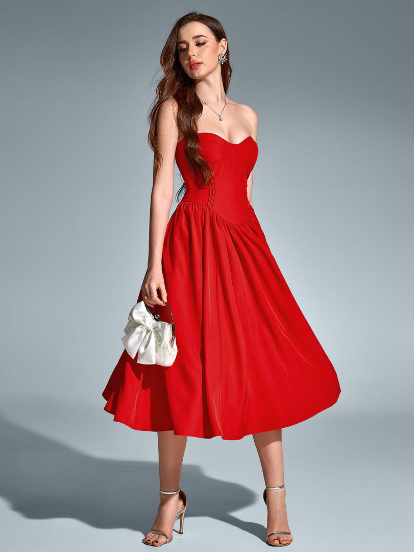 Pleat Corset Flared Hem Midi Dress | Wedding Guest Dress, Cocktail Dress