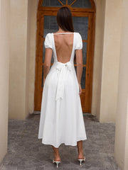 Puff Sleeve Backless Bow Tie Pocket Long Dress | Vacation Dress